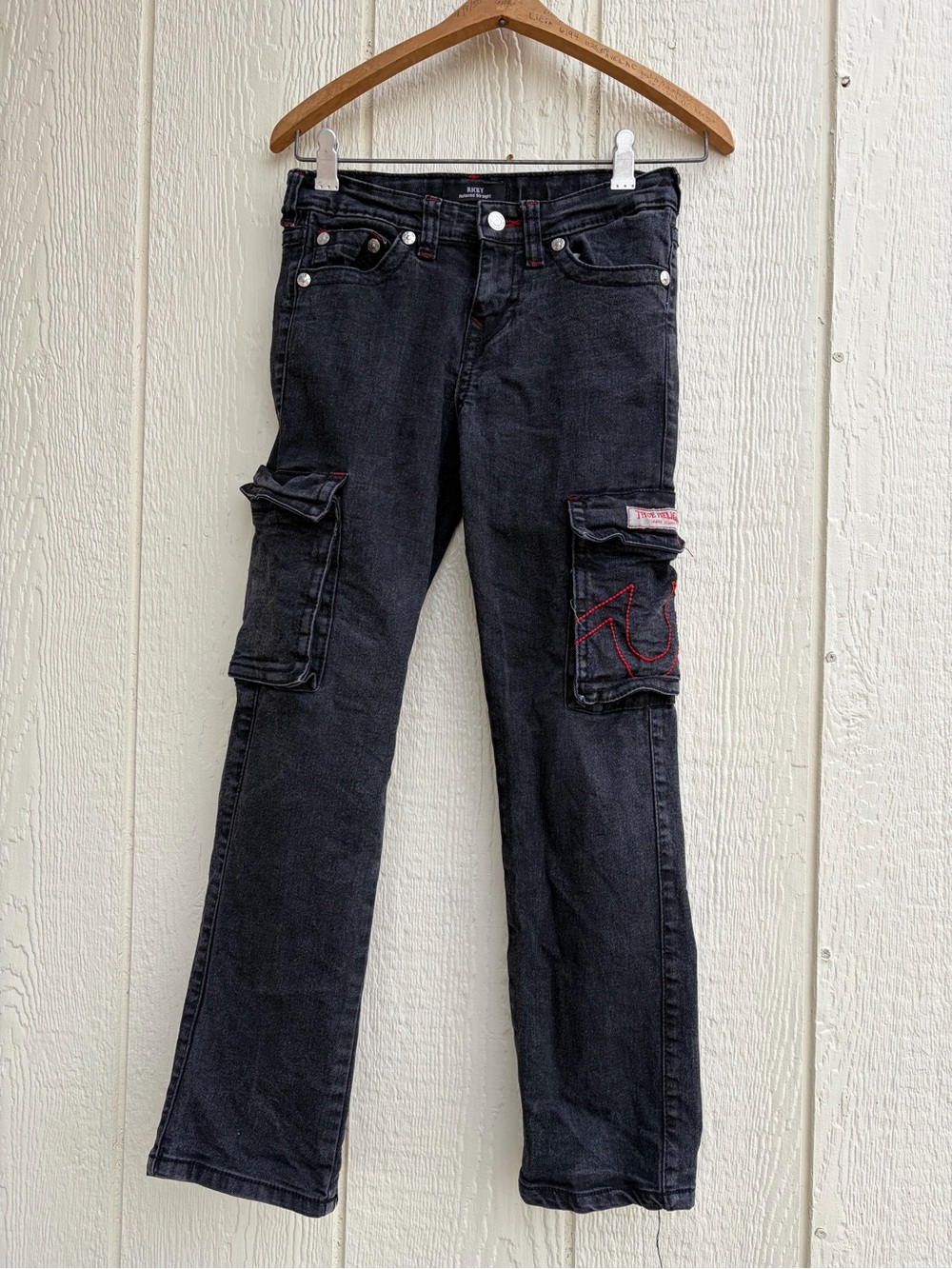 True Religion Black Cargo Flare Jeans with Red Stitching Girls Size 12